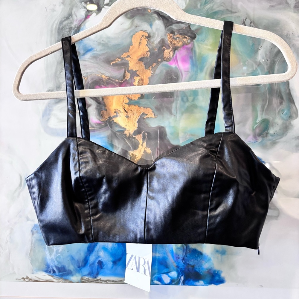 SOLD Zara Black Vegan Faux Leather Bra Crop Top Size Medium